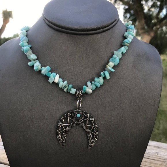 Southwestern Amazonite Gemstone Necklace Handmade Squash Blossom Silver Beaded - Picture 12 of 15